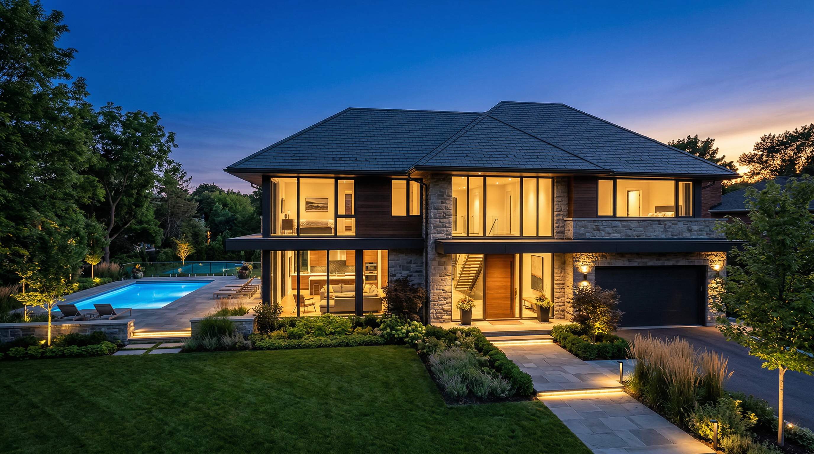 Beautiful modern luxury home at twilight with pool and professional landscaping
